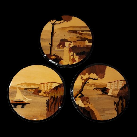 Set of 3 Round Wood Marquetry Wall Plaques Coastal Village Scenes 8